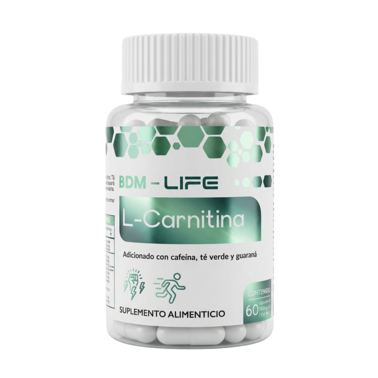 BDM-LIFE L-Carnitina con Cafeína, Té Verde y Guaraná, Energía y Metabolismo, Suplemento Alimenticio, 60 cápsulas - Juveternal