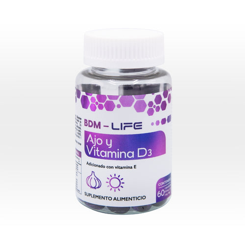 BDM-LIFE Ajo y Vitamina D3, Adicionado con Vitamina E, Suplemento Alimenticio, 60 Cápsulas, Apoyo al Bienestar y Salud Cardiovascular