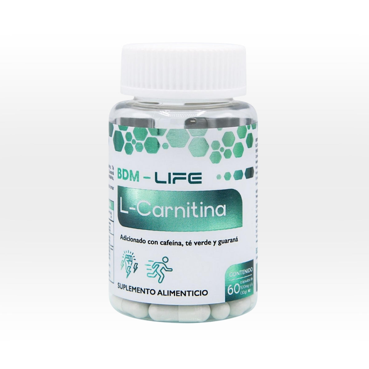 BDM-LIFE L-Carnitina con Cafeína, Té Verde y Guaraná, Energía y Metabolismo, Suplemento Alimenticio, 60 cápsulas