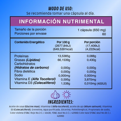 BDM-LIFE Ajo y Vitamina D3, Adicionado con Vitamina E, Suplemento Alimenticio, 60 Cápsulas, Apoyo al Bienestar y Salud Cardiovascular - Juveternal