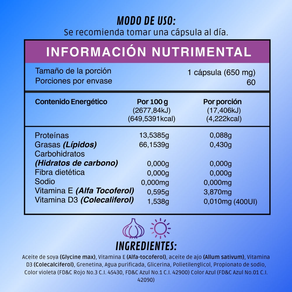 BDM-LIFE Ajo y Vitamina D3, Adicionado con Vitamina E, Suplemento Alimenticio, 60 Cápsulas, Apoyo al Bienestar y Salud Cardiovascular - Juveternal
