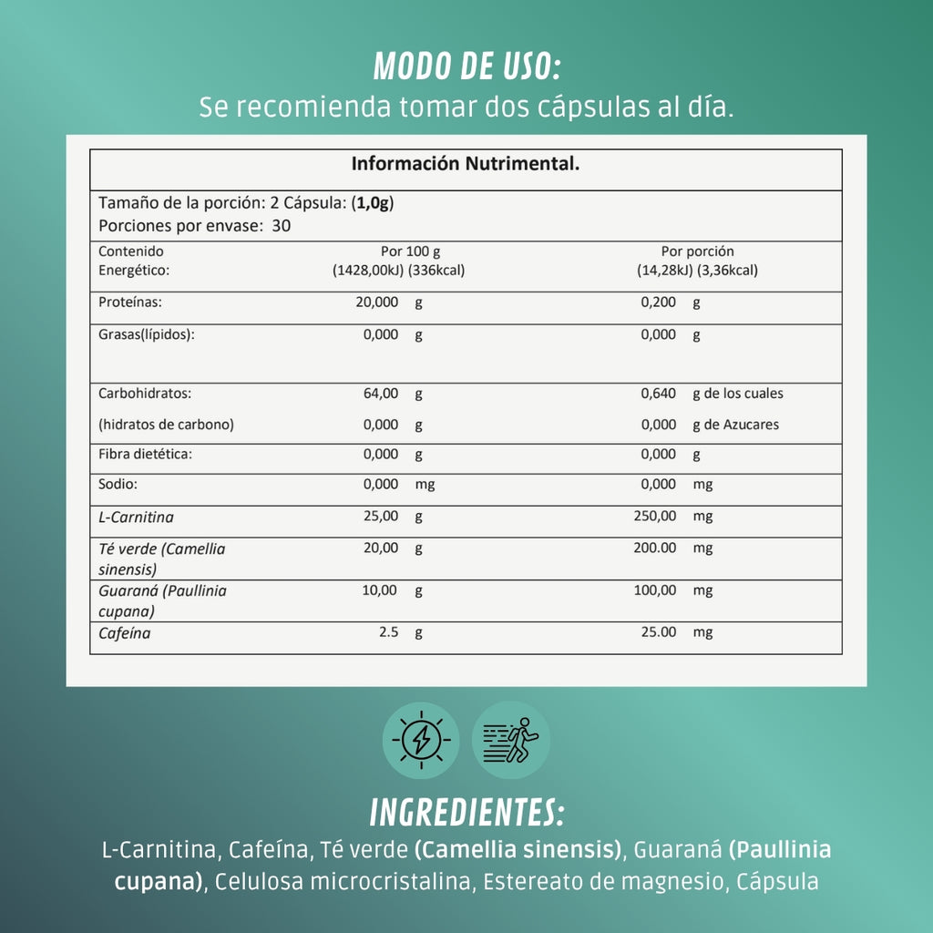 BDM-LIFE L-Carnitina con Cafeína, Té Verde y Guaraná, Energía y Metabolismo, Suplemento Alimenticio, 60 cápsulas