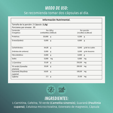 BDM-LIFE L-Carnitina con Cafeína, Té Verde y Guaraná, Energía y Metabolismo, Suplemento Alimenticio, 60 cápsulas - Juveternal