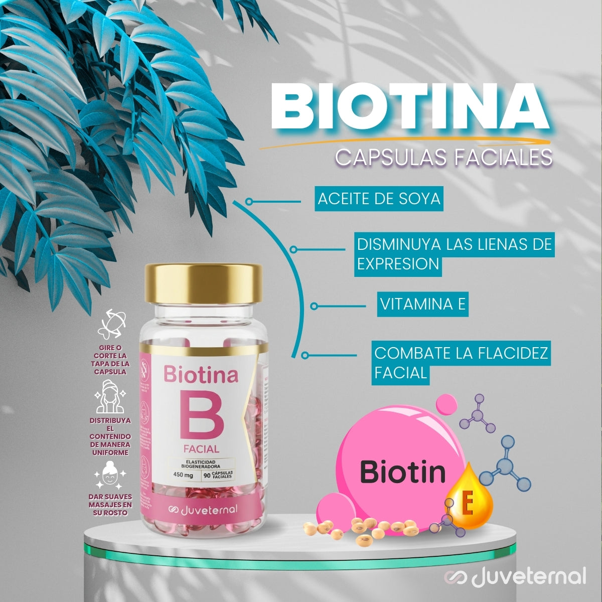 Cápsulas Faciales de Biotina, 90 Unidades, Hidratación y Nutrición Avanzada - Juveternal