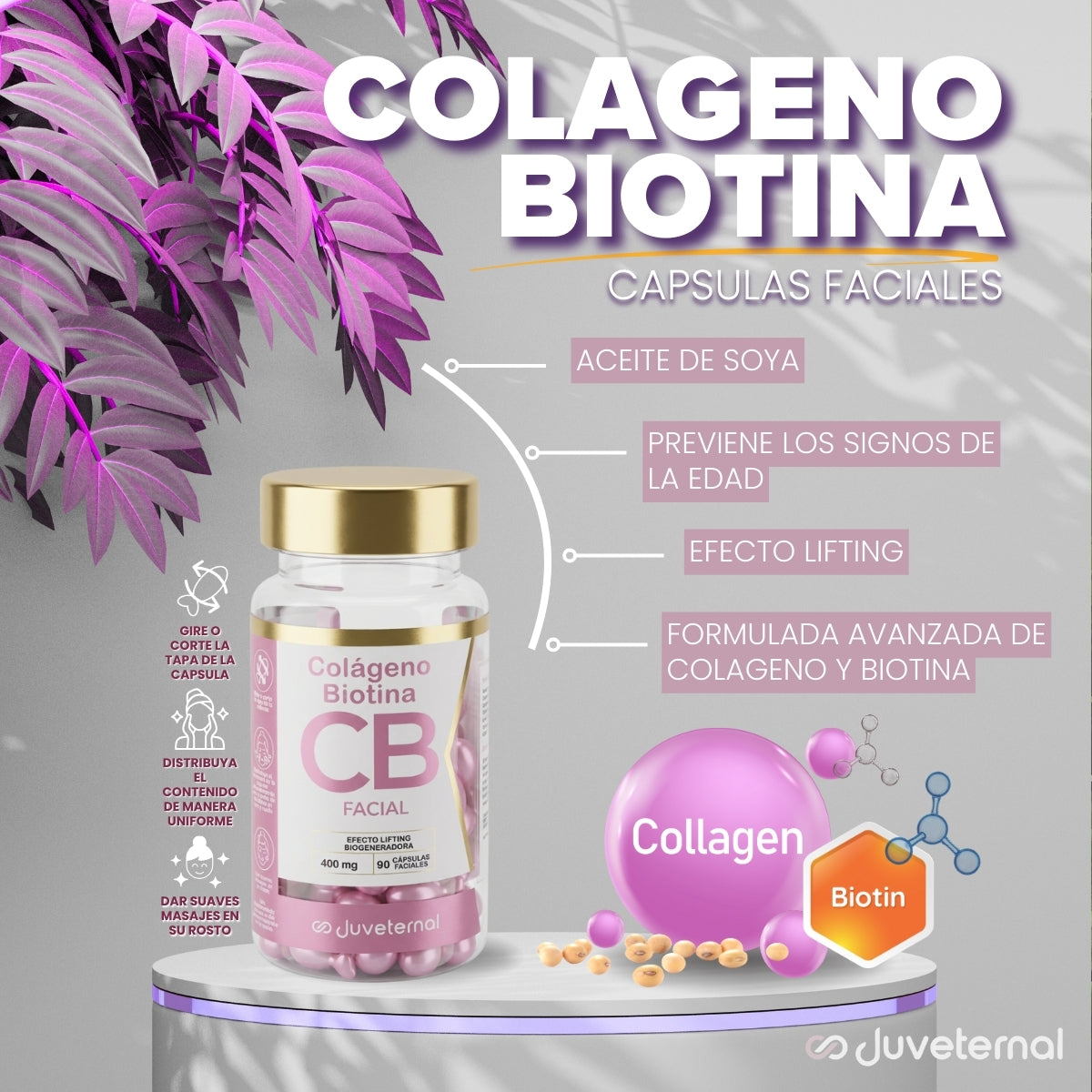 Cápsulas Faciales de Colágeno y Biotina, 90 Unidades, Firmeza y Nutrición - Juveternal