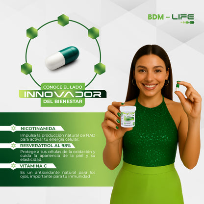 BDM LIFE Nicotinamida Nad, Suplemento Alimenticio, 60 Cáps. - Juveternal
