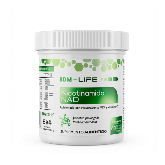 NAD Nicotinamida con Resveratrol al 98% y Vitamina C 60 Capsulas Suplemento Alimenticio BDM Life - Juveternal