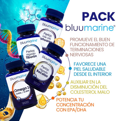 Kit Bluumarine Omega 3 6 9 + Aceite de Hígado de Bacalao + Oils Kahuama, Apoyo a Corazón, Cerebro, Piel y Defensas, ¡Incluye Perlas de Hígado de Tiburón Gratis! - Juveternal