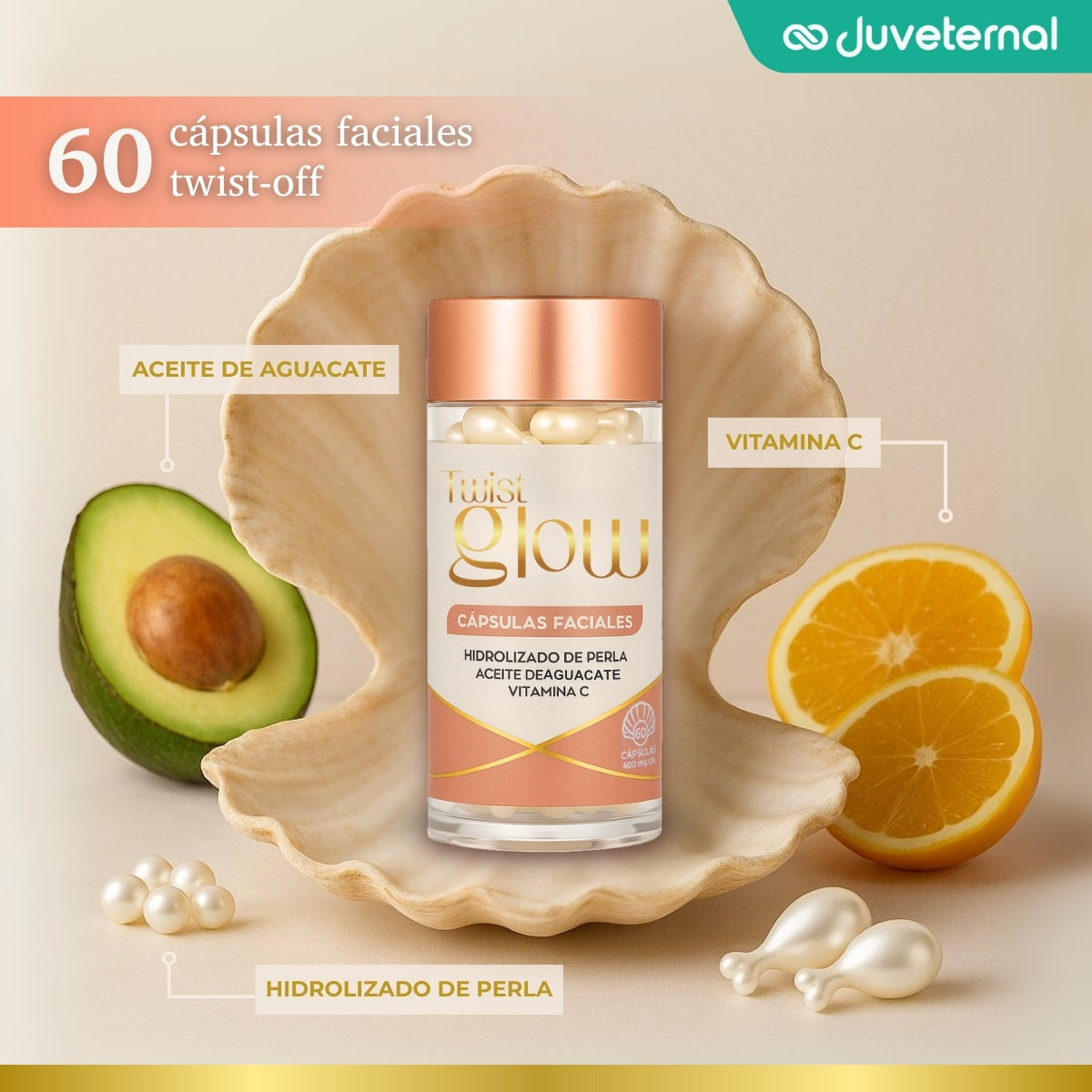 Twist Glow Cápsulas Faciales Hidrolizado de Perla Aceite de Aguacate y Vitamina C - Juveternal