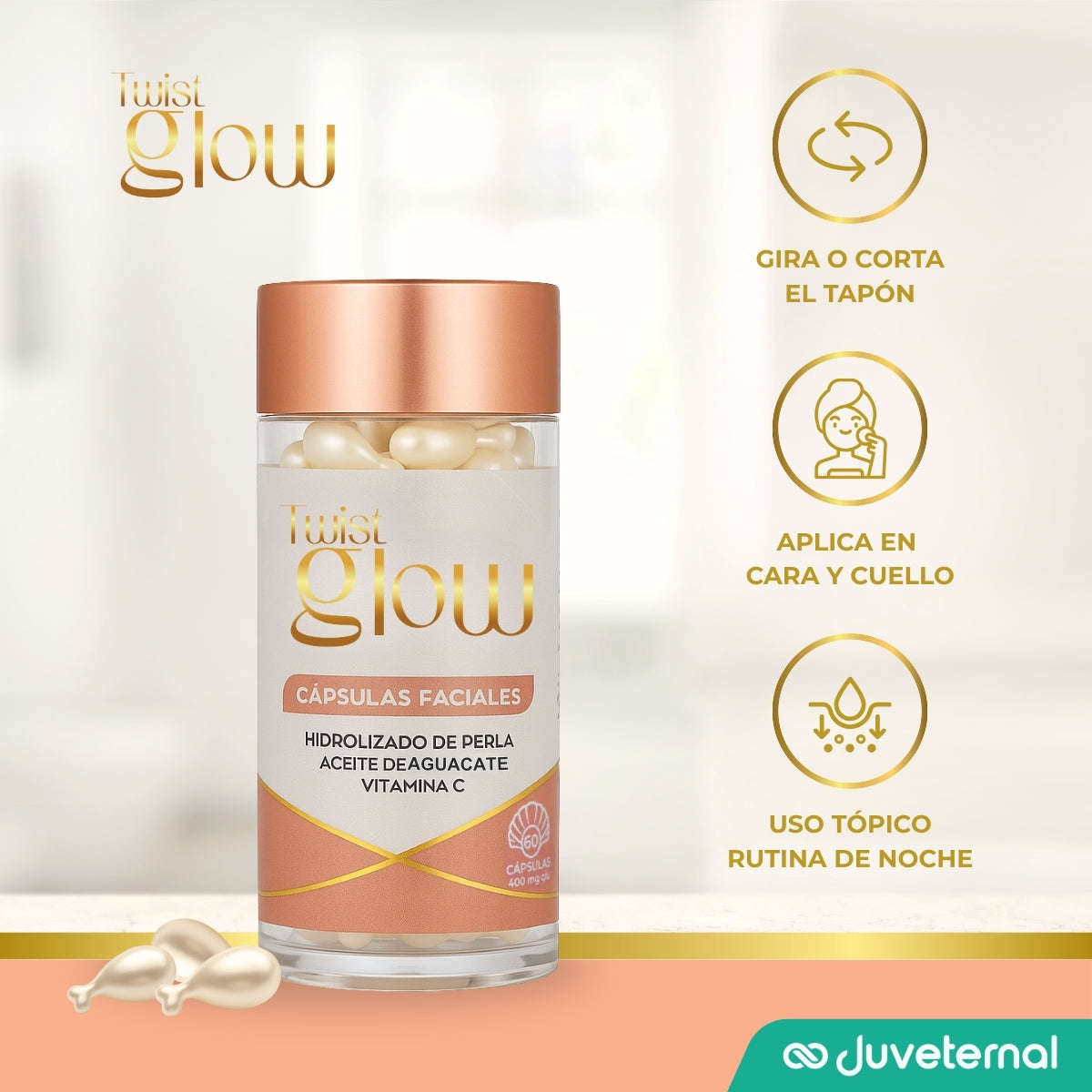 Twist Glow Cápsulas Faciales Hidrolizado de Perla Aceite de Aguacate y Vitamina C