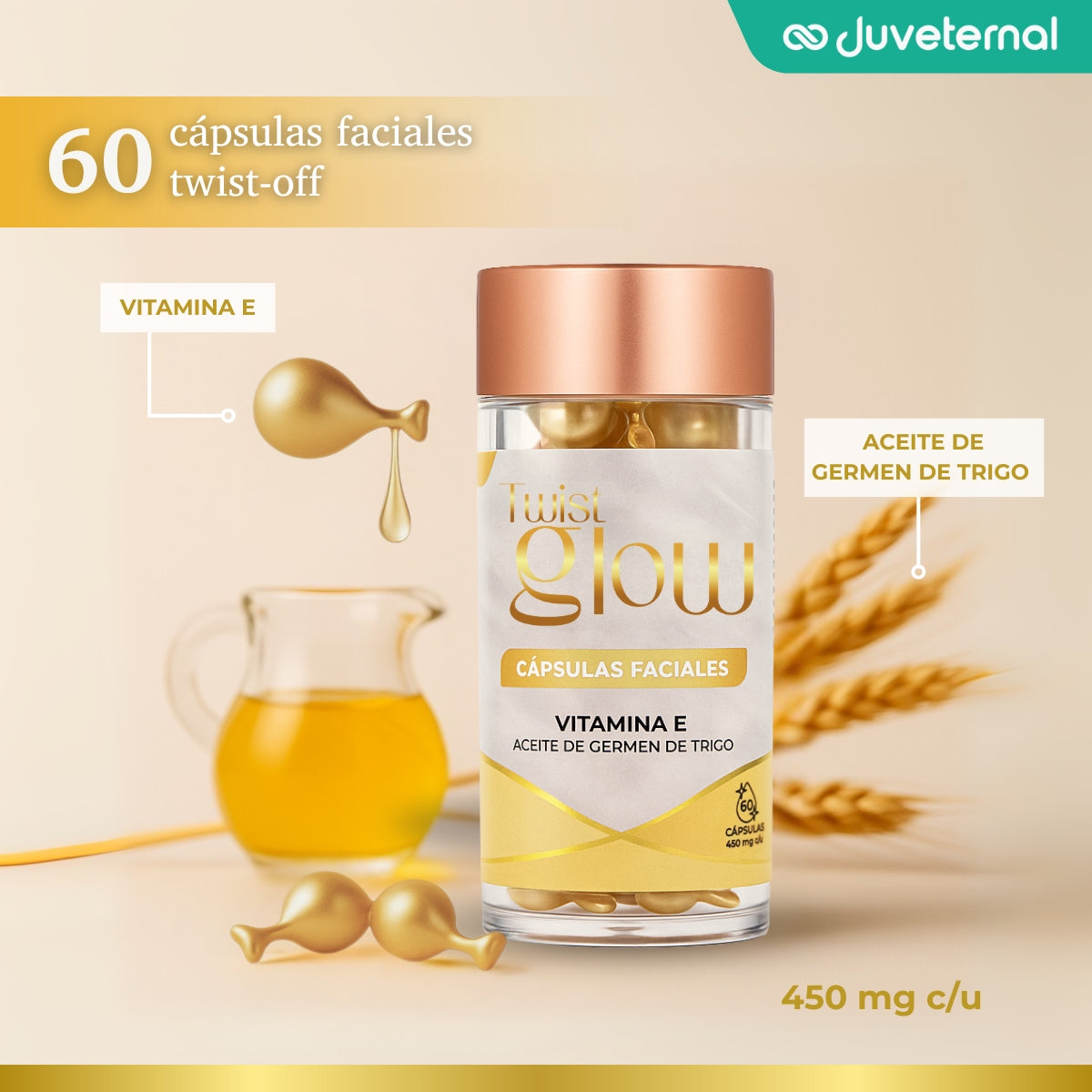 Twist Glow Cápsulas Faciales de Vitamina E y Aceite de Germen de Trigo - Juveternal