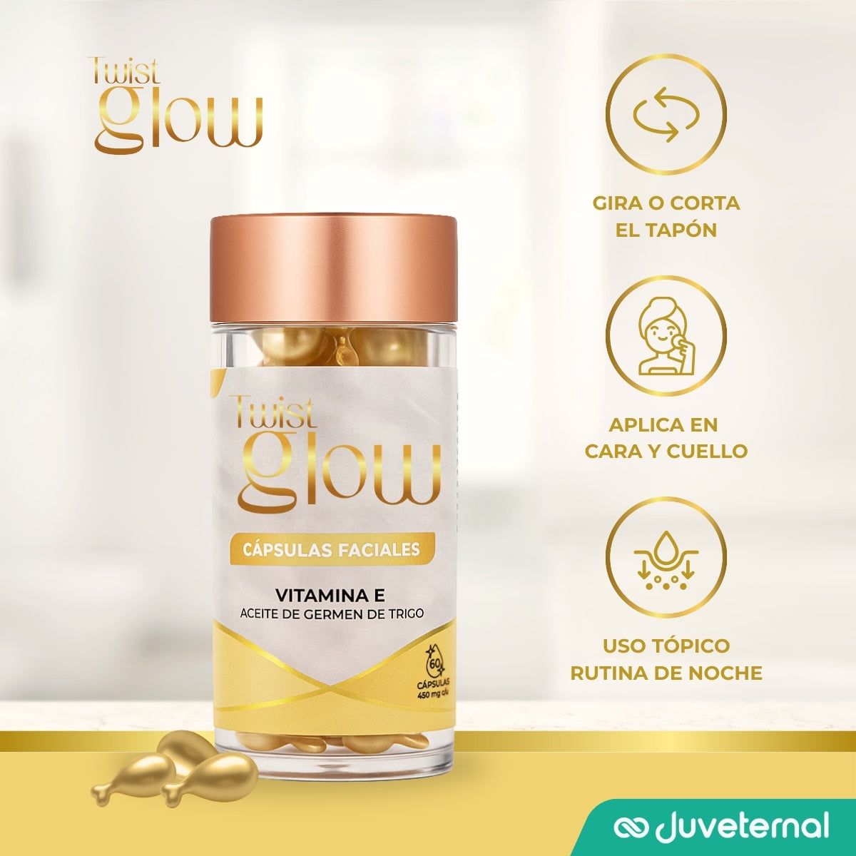 Twist Glow Cápsulas Faciales de Vitamina E y Aceite de Germen de Trigo